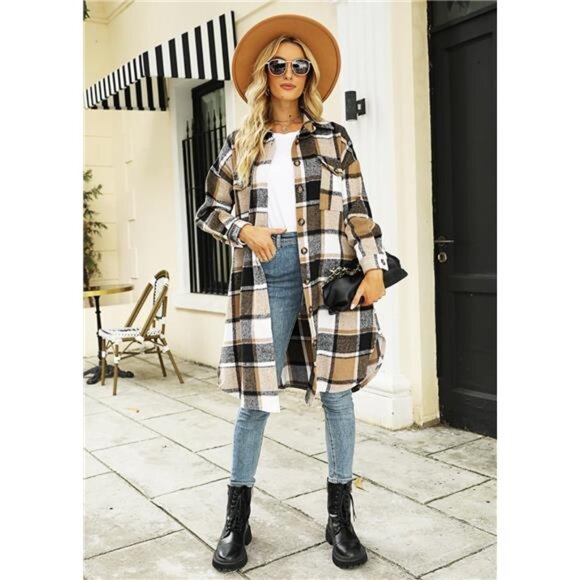 BASIC Women's 2025 Casual Flannel Plaid Shacket Long Sleeve Button Down - Picture 5 of 6